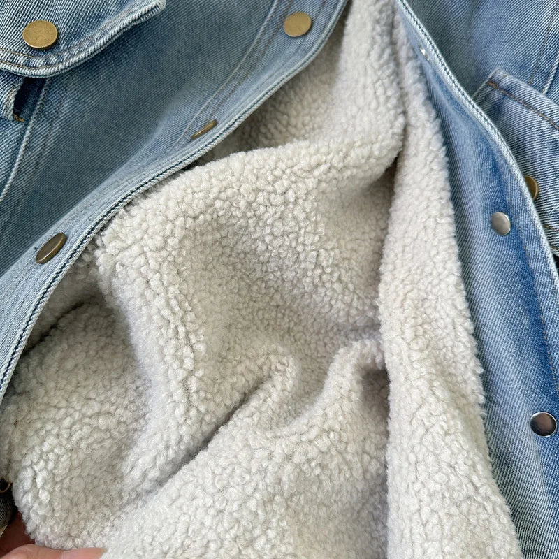 Winter Girls Thick Demin Coats Baby Plus Velvet Warm Outerwear With Belt Kids Princess Designed Long Jackets Children Clothes