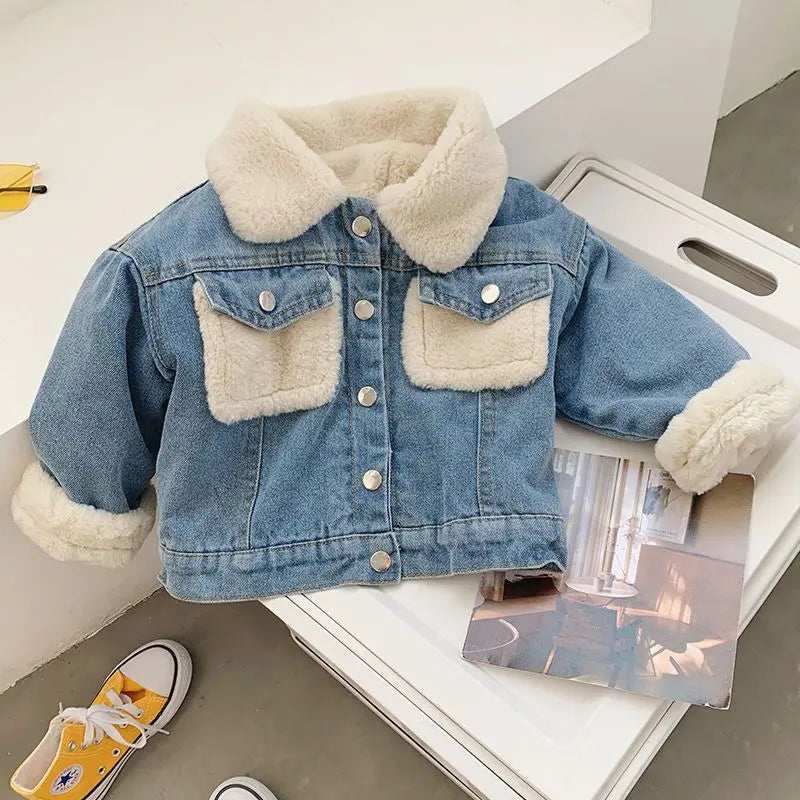 Boys Jacket Autumn and Winter New Children's Baby Plush Thickened Denim Coat  Children's Clothing Kids Winter Coats