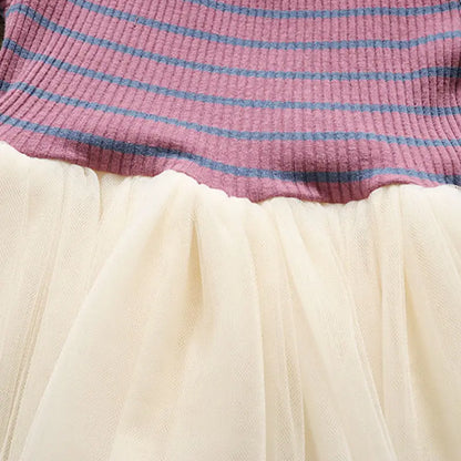 Girls' Summer Dress 1-6Y Children's Striped Short Sleeved Patchwork Mesh Dress Korean Girls Clothing Kid's Outfit