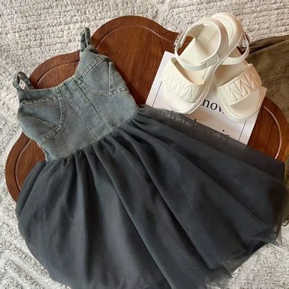 Girls Summer Dress 2025 New Summer Strap Dress Children Princess Denim Fashion Yarn Patchwork Dress