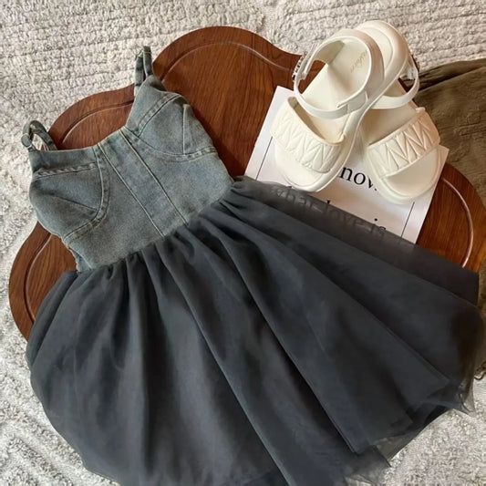 Girls Summer Dress 2025 New Summer Strap Dress Children Princess Denim Fashion Yarn Patchwork Dress