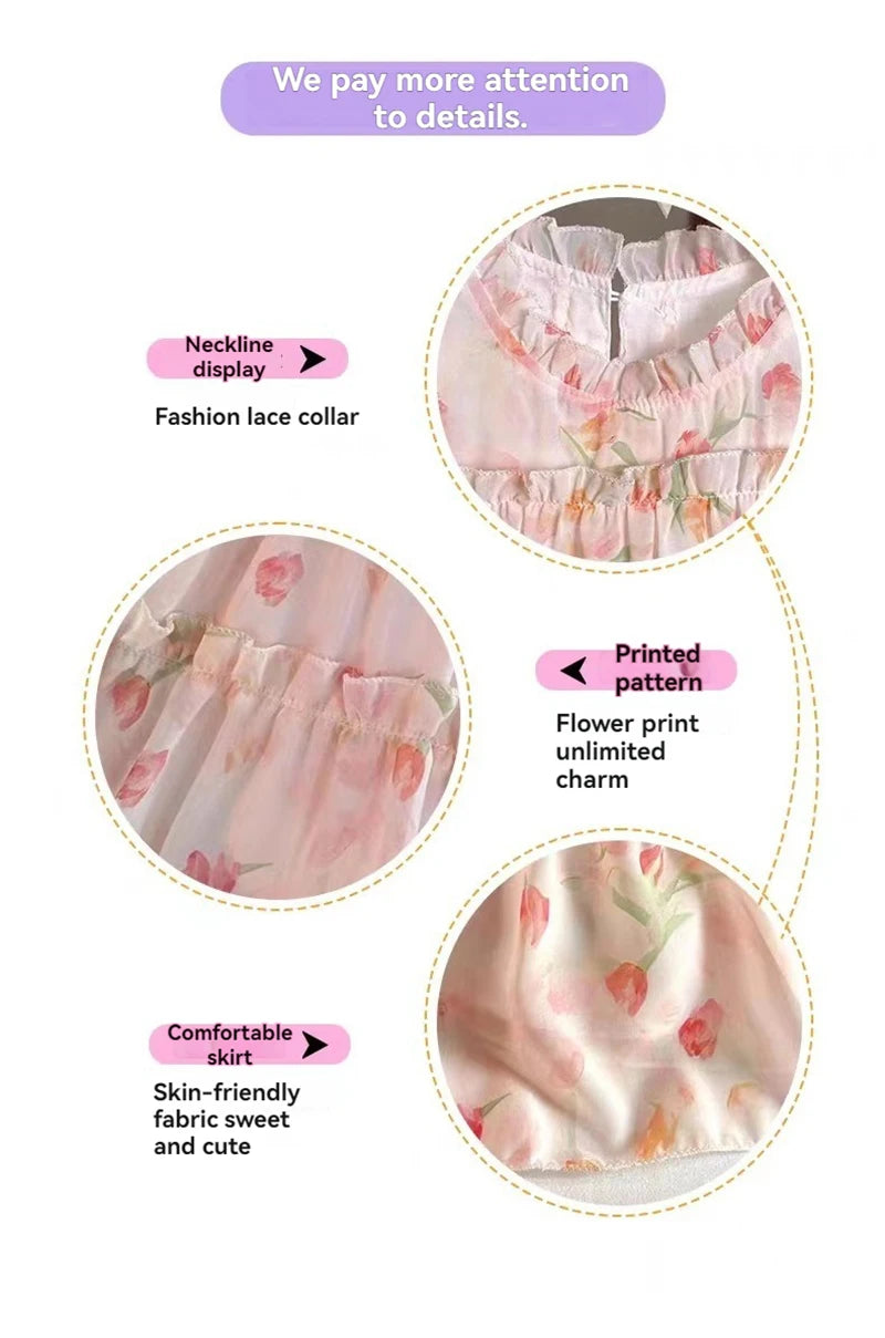 New Girls' Dress Summer Dress 2025 Korean Version Stylish Children's Floral Dress Super Fairy Little Girl Princess Dress