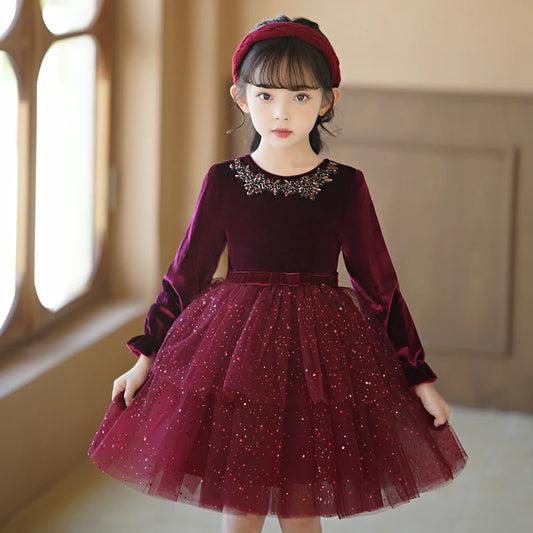Girls' Autumn/Winter fleece dresses wine red elegant mesh shaggy dress Christmas Long Sleeve Gown