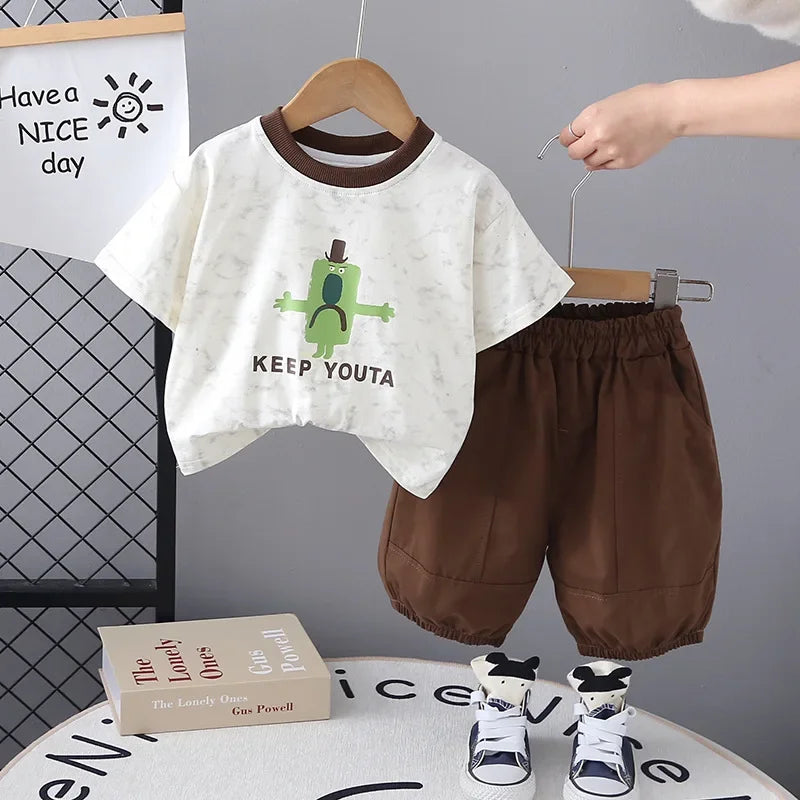 Boys' summer outfit set, baby's summer short sleeved two-piece set, children's Korean cartoon children's clothing, shorts