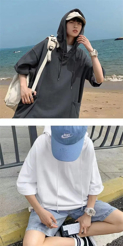 Summer Men's Short-sleeved Sweatshirt with Hat High Street Trend New T-shirt Half-sleeved Hooded Denim T-shirt