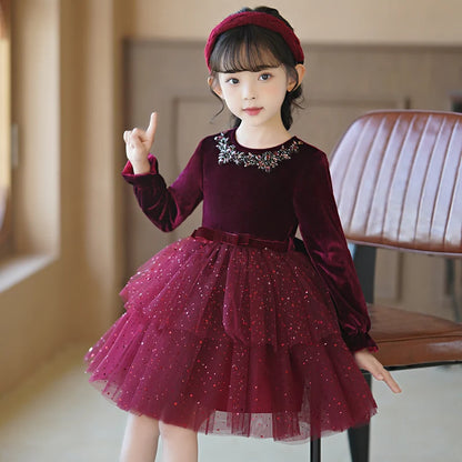 Girls' Autumn/Winter fleece dresses wine red elegant mesh shaggy dress Christmas Long Sleeve Gown