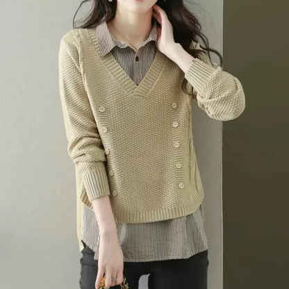 New Fake Two Piece Top Knit Sweater Women's Splice Shirt Collar Spring Autumn  Korean Loose Long Sleeve Sweater Female Pullover