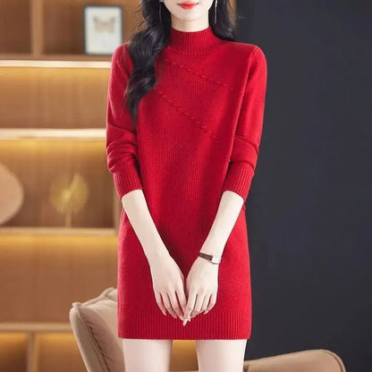 New Vintage Autumn Women's Clothing Half Turtleneck Warm Winter Sweater Dress Long Sleeve Pollovers Top Female Knitwear Jumper