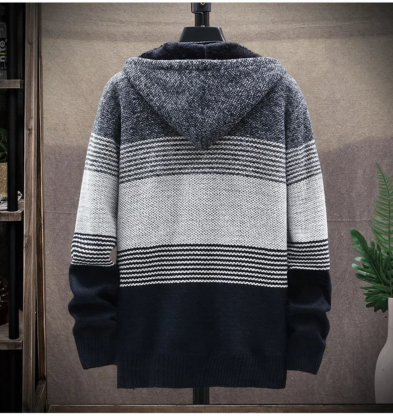 Men's Autumn/winter Hooded Knit Jacket Fleece-lined Thickened Casual Loose-fit Knitted Cardigan Outer Wear Sweater