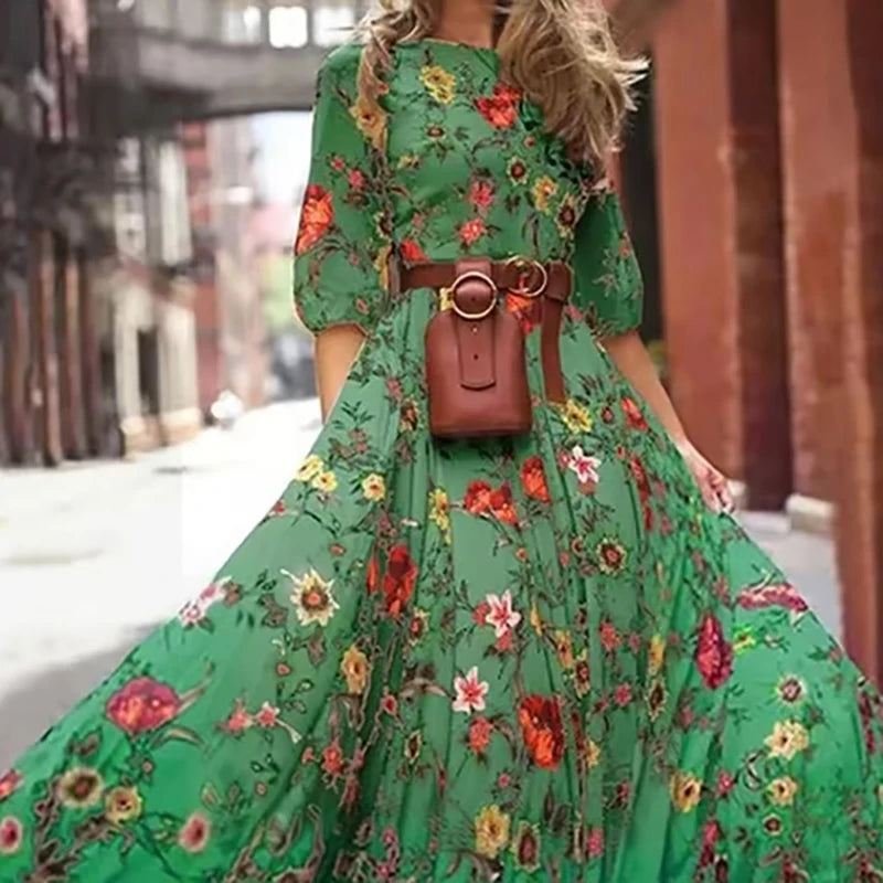 Summer Bohemian Floral Long Dress For Women Casual Holiday Beach Zipper Round Collar Pocket Slim-fitting Swing Robe Vestidos