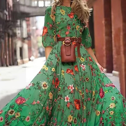 Summer Bohemian Floral Long Dress For Women Casual Holiday Beach Zipper Round Collar Pocket Slim-fitting Swing Robe Vestidos