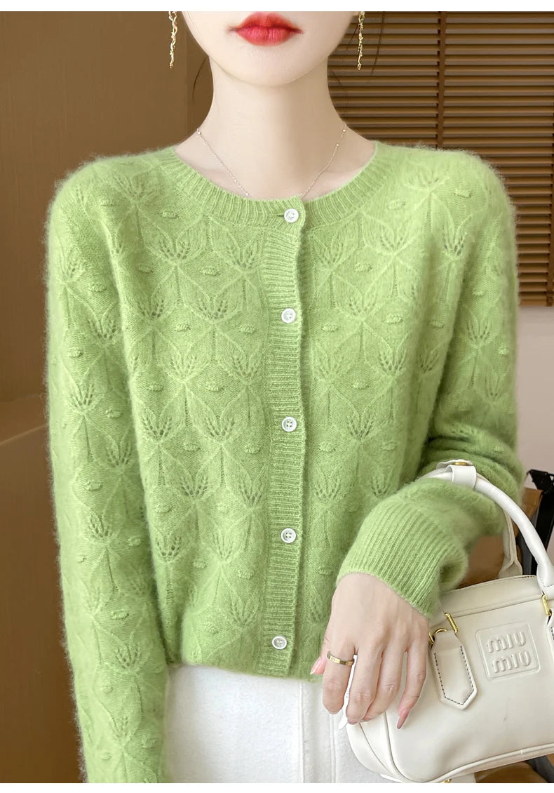 2024 Autumn And Winter New Round Neck Hollowed Out 100 Wool Knitted Cardigan Women's Versatile Coat Loose Casual Sweater DMR281