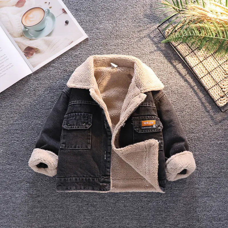 Boys Jacket Autumn and Winter New Children's Baby Plush Thickened Denim Coat  Children's Clothing Kids Winter Coats