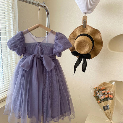 New Girls Party Dress Summer Elegant Princess Dress Purple Mesh Dress 1-9 Years Kids Bow Birthday Party Clothes