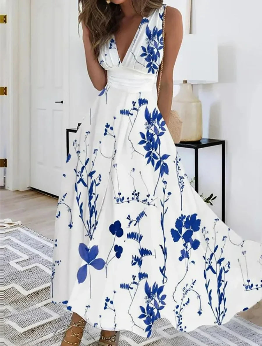 2025 Women's Summer Casual Dress Elegant Party Sleeveless Long Dress Robe Sexy Bohemian Print Dresses Vestidos Swing Sundress