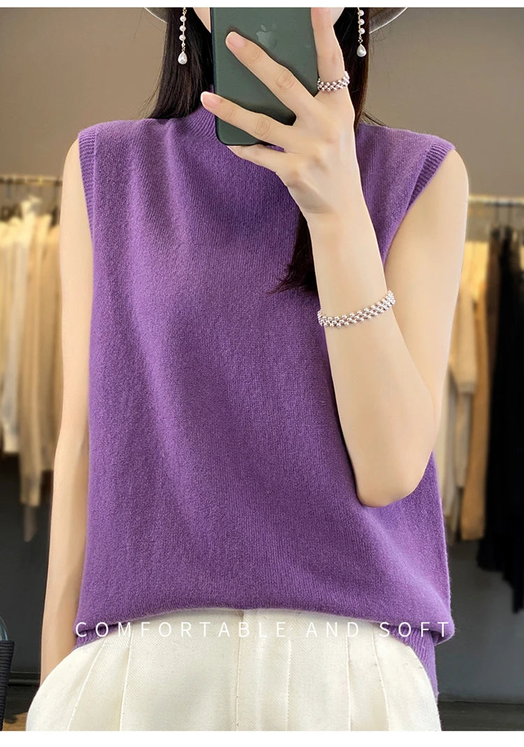 2024 Cashmere Vest Women's 100% Merino Wool Pullover Indoor Sleeveless Sweater Half-turtleneck Office Tops Waistcoat