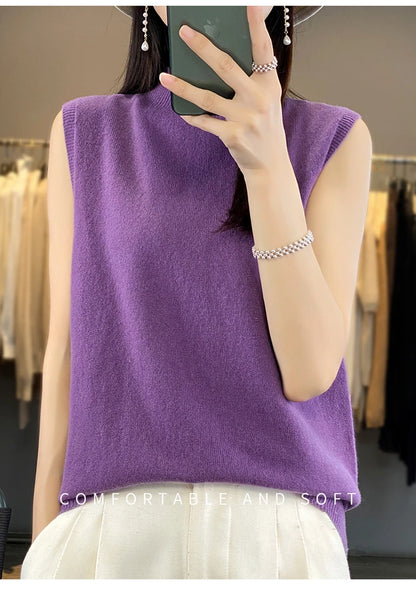 2024 Cashmere Vest Women's 100% Merino Wool Pullover Indoor Sleeveless Sweater Half-turtleneck Office Tops Waistcoat