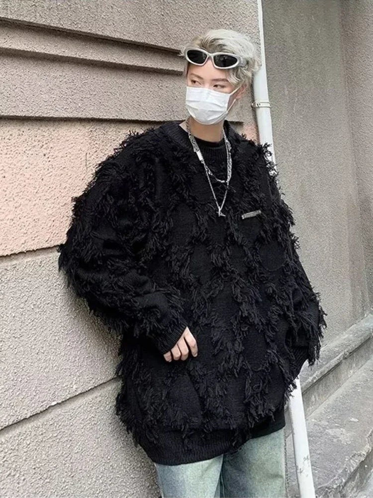 Winter Men's Ripped Fringe Raw Edge Sweater Hip Hop Fashion Knitwear Pullovers Y2K Vintage Streetwear Knitted Jersey Clothes