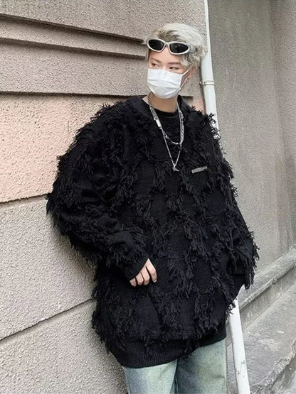 Winter Men's Ripped Fringe Raw Edge Sweater Hip Hop Fashion Knitwear Pullovers Y2K Vintage Streetwear Knitted Jersey Clothes