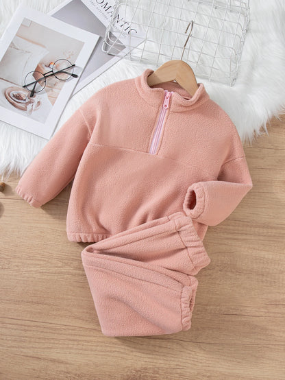 Girls Winter Casual Outfit Solid Color Fleece Thickened Hoodie Pants Clothes Set Half-Zip Children Sweater Sets