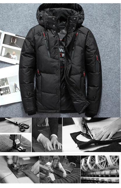 -20 Degree Winter Men White Duck Down Jacket Thick Warm Snow Coat Male Hood Windbreaker Down Parkas Outerwear Sportswear Puffer