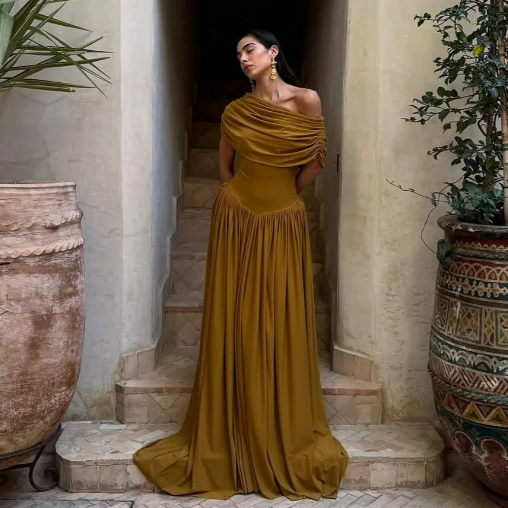 Elegant Long Summer Dress For Women Fashion Off-shoulder Slim Evening Party Dresses Luxury High Waist Pleated Maxi Dress 2025