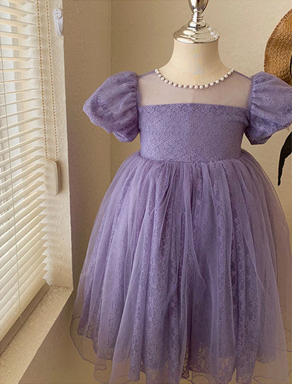 New Girls Party Dress Summer Elegant Princess Dress Purple Mesh Dress 1-9 Years Kids Bow Birthday Party Clothes