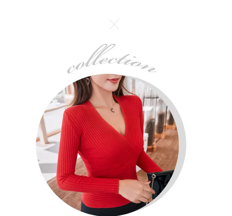 Short Basic Sweaters Women 2025 Sexy Deep V Neck Sweater Women's Pullover Slim Bottoming Sweaters Female Elastic Cotton Tops