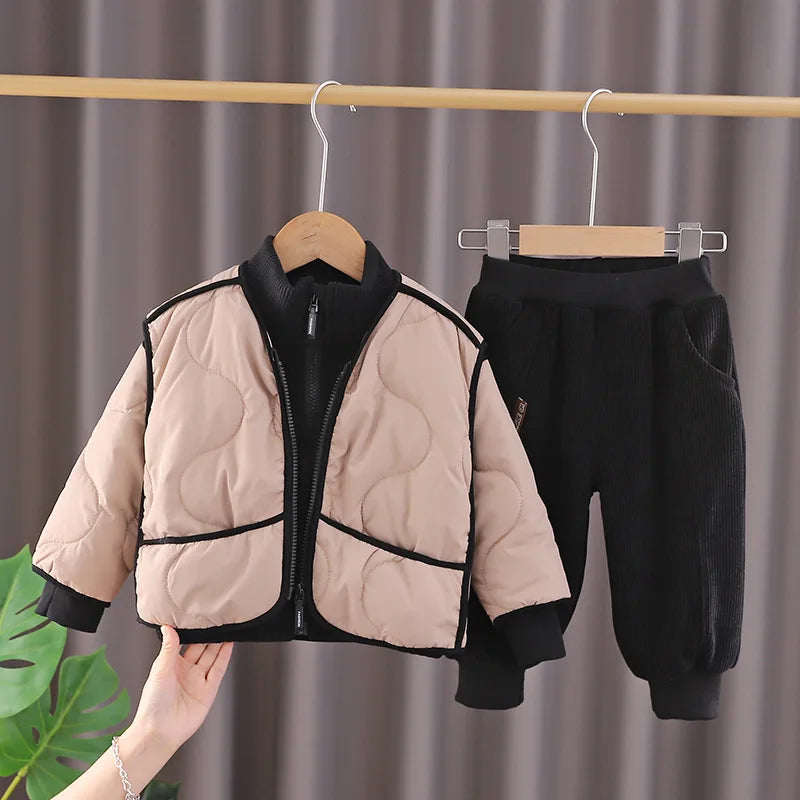 Winter New Baby Hooded Cotton Coat Long Sleeve Set for Boys and Girls' Vest with Velvet and Thickened Casual Three Piece Set