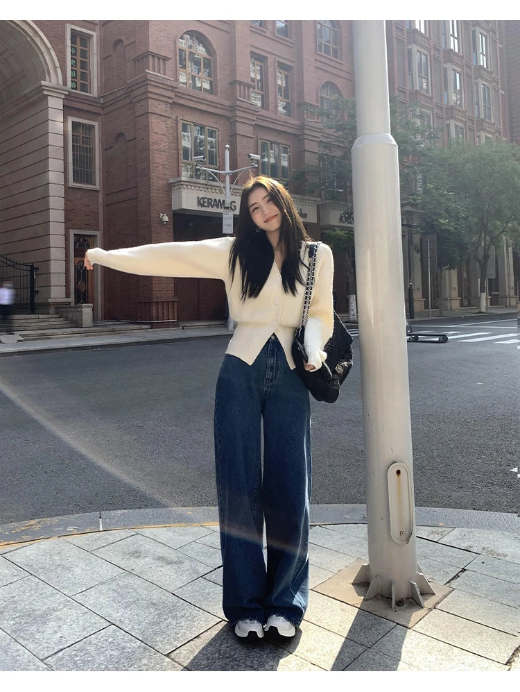 Zjaiss 2025 Autumn Winter Elegance Solid Color V-neck Sweater Knitted Casual Cardigan Unique And Niche Slim Fit Tops