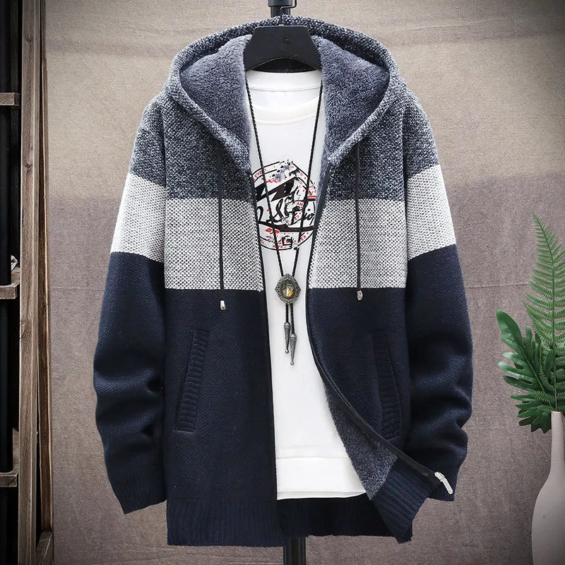 2025 Autumn Winter Fleece Hooded Sweatercoat Striped Knitted Cardigan Men Warm Casual Sweater Jackets Thick Knit Windbreaker Man