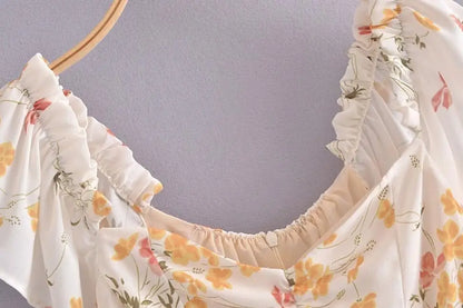 Summer Retro Elegant Elastic off Shoulder Long Dresses France Beige Floral Print Vintage Back Zipper Women Summer Dress