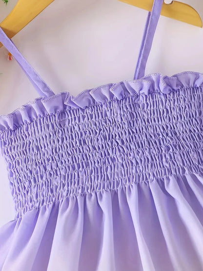 Summer style dress for girls aged 1-8, with suspender straps, pleated sunflower print, rustic style, for baby girls