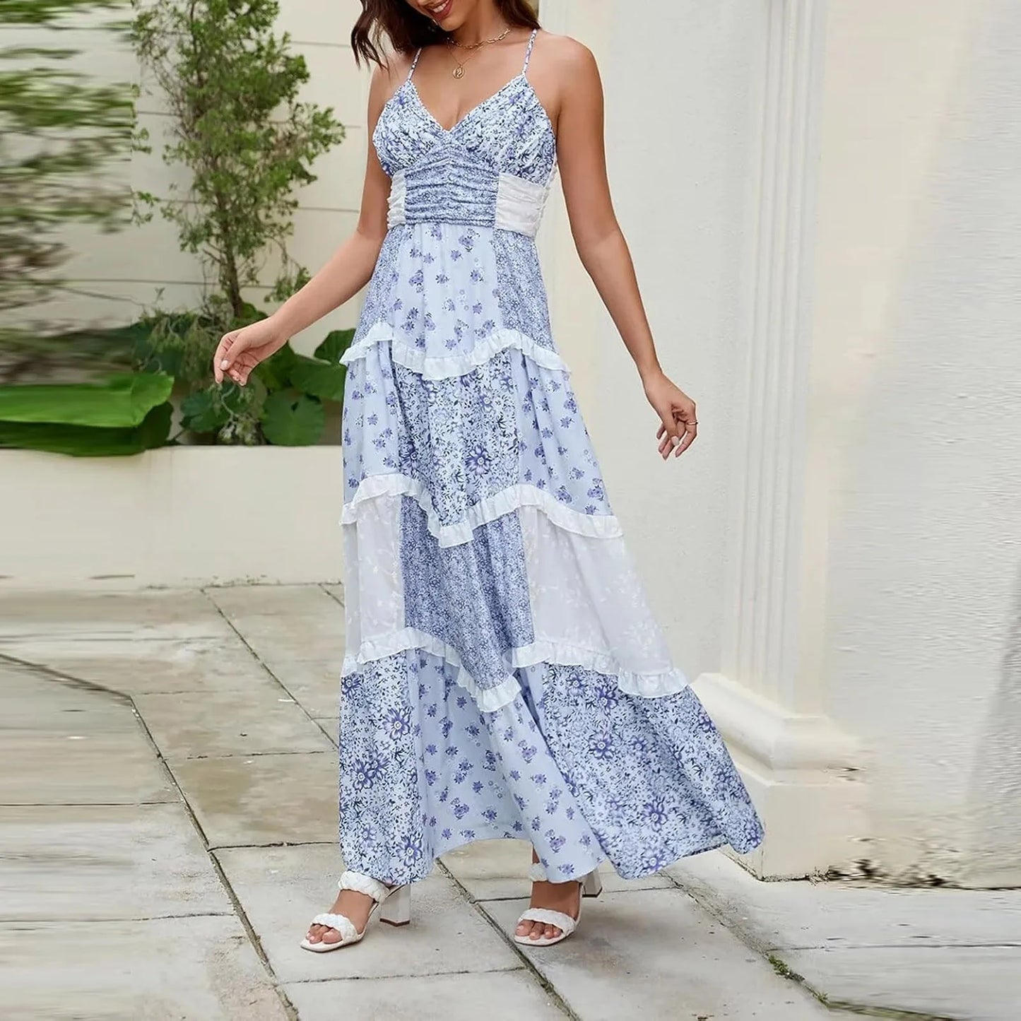 Women'S Spring/Summer Casual V-Neck Floral Printed Beach Midi Dresses Vestido Mujer Summer Dress Robe Femmes Dress Women