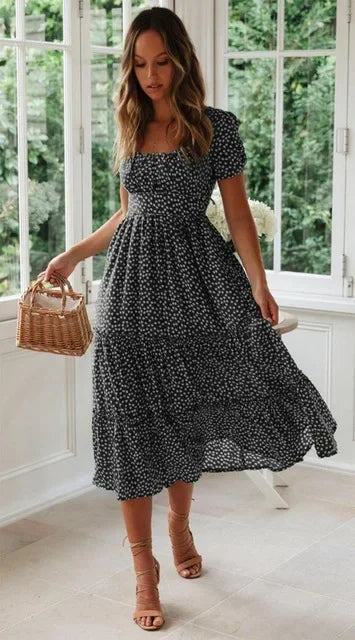 Summer Women's Beach Sweet Dresses Vestidos Vintage Print Puff Sleeve Casual Square Collar Floral Female Maxi Long Dress