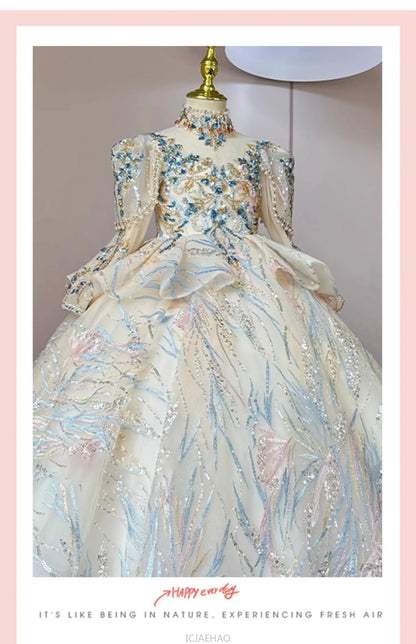 Girls Summer Party Dress Puffy PrincessFlower Pageant Host Formal Gown Girl Outfit Piano Recital Performance Birthday Wedding