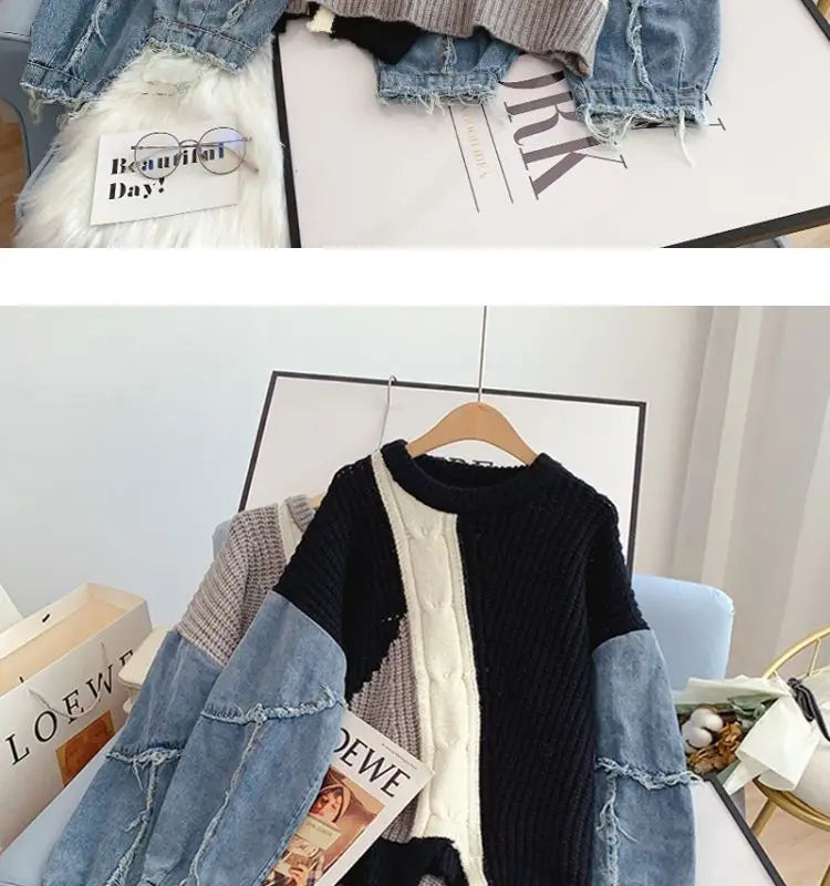 Loose Lazy Knitting Jacket, Pullover, Denim Sleeves, Splicing, Fashionable, Comfortable, Leisure, Autumn and Winter