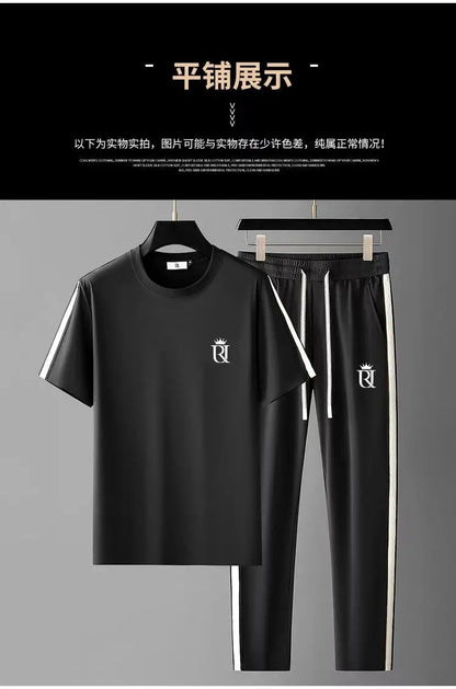 Summer Men's Casual Sportswear Set, Summer Fashion 2-Piece co ord set With Short Sleeve T-Shirt & Side Stripe Pants