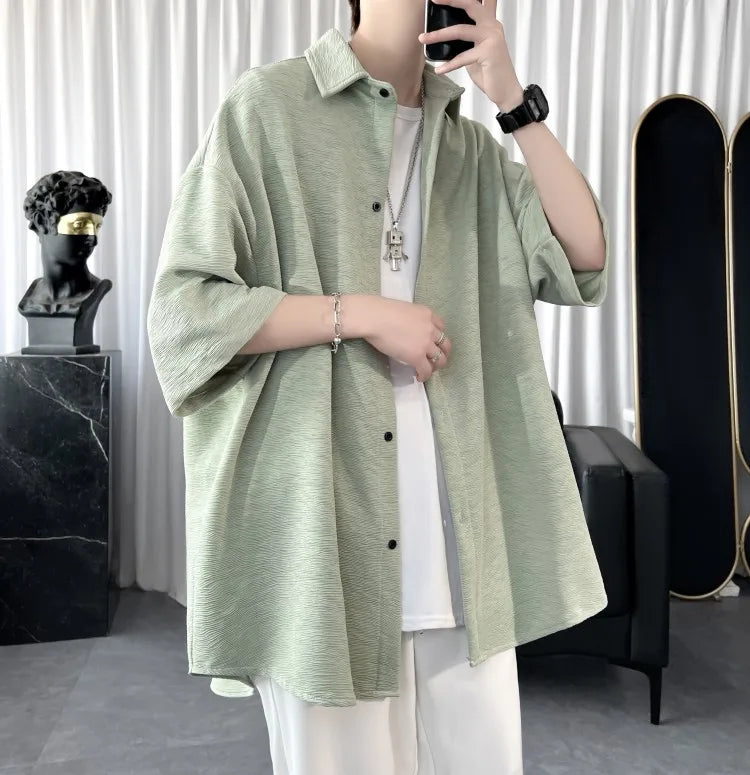 Summer Cool Men Short-sleeved Shirt Solid Color Fashion Plicated Casual Loose Button Shirt Male Clothing Tops