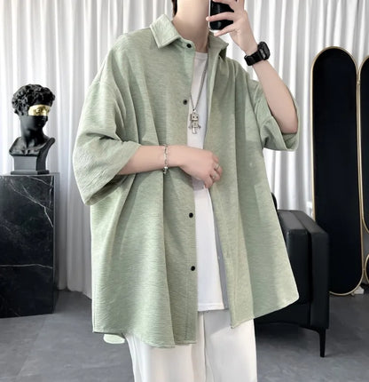 Summer Cool Men Short-sleeved Shirt Solid Color Fashion Plicated Casual Loose Button Shirt Male Clothing Tops