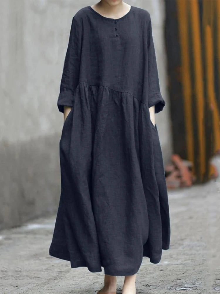 Summer Dress for Women 2023 Fashion Solid Cotton Crewneck Loose Casual Long Sleeve Women Dresses Robe Streetwear Women Clothing