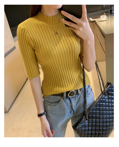 Fall Korean Style Women's Sweaters Solid Color Slim Fit Half Sleeve Knitted Pullover Jumpers Basic WomanTshirt T-shirt Tee Shirt