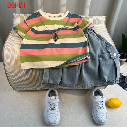 Boys Summer 2025 Boutique Design Outfits Baby Boys Short Sleeve Striped T-Shirt Jeans Shorts 2pcs Korean Clothes for Children