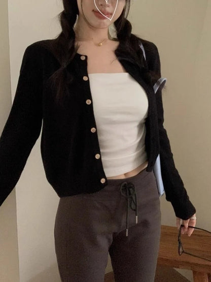 Autumn Long Sleeve Women Elegant Cardigan Sweater Slim Fit Solid Color O-neck Knitted Top Fashion Short Coat