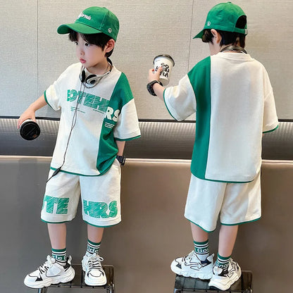 4 5 6 8 10 12 14 Years Summer Boys Clothing Sets New Fashion Letter Top + Shorts 2Pcs Kids Tracksuit Birthday Gifts Kids Clothes