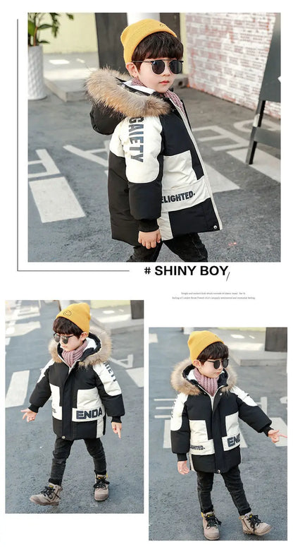 Winter Boys Coat 2023 New Baby Fur Collar Hooded Cotton Plus Velvet Thicken Warm Jacket For Children's Coat For Boys 2-8Years