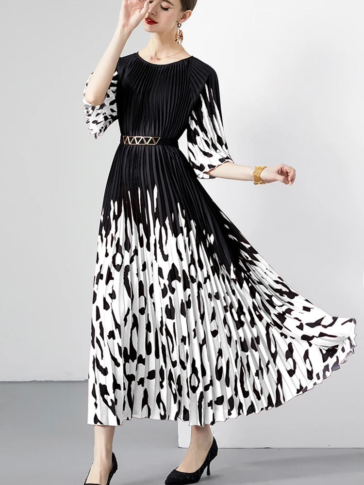 Women's Summer Dress Light Mature Style Retro Style Ruffled 5/4 Sleeves Round Neck Waist Shrinking Print A-line Dress D3971