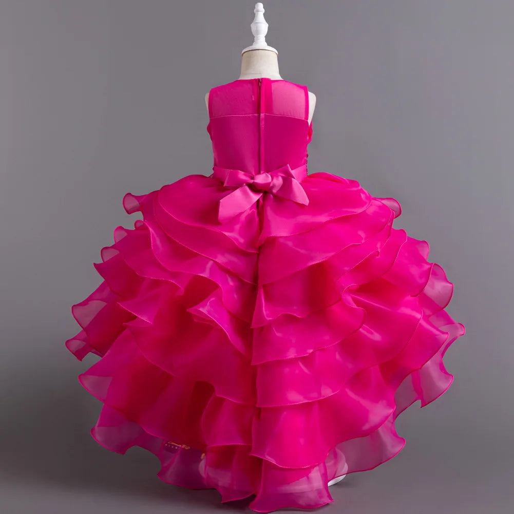 Girls Party Dress with Train, Puffy Cake Dress for Birthday & Flower Girl, Elegant Princess Gown for Host & Special Events