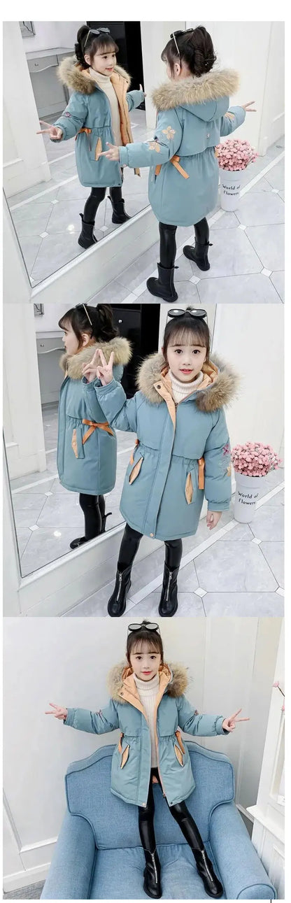 Winter Warm Jackets for Girls Two Colors Faux Fur Hooded Coat Kids White Duck Down Parkas Children Cotton Long Outwear