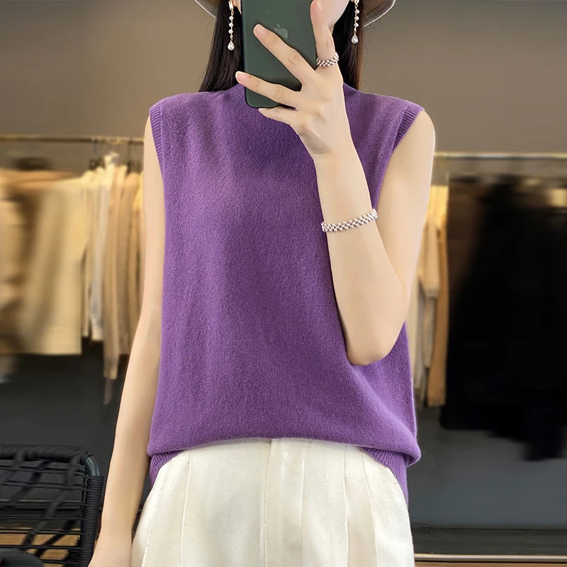 2024 Cashmere Vest Women's 100% Merino Wool Pullover Indoor Sleeveless Sweater Half-turtleneck Office Tops Waistcoat